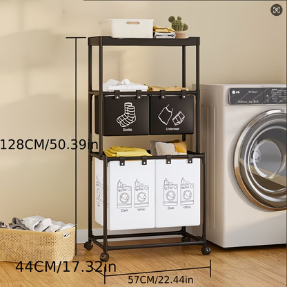 Wheeled storage rack, metal frame, dimensions 22.44 x 17.32 x 50.39 inches.