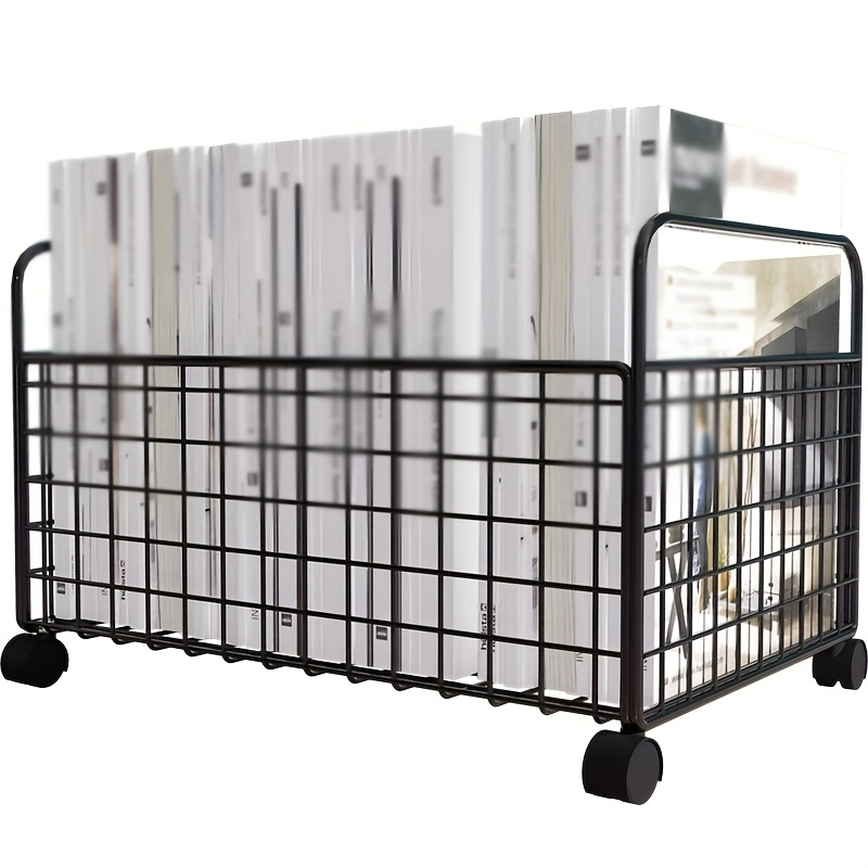 Durable metal bookshelf with mesh magazine basket and wheels; stackable.