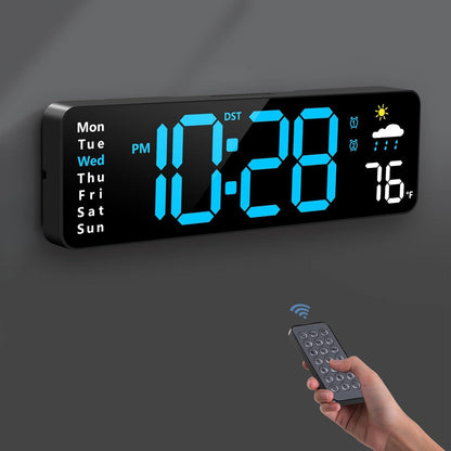 Digital wall clock, digital clock with remote control, large screen with date, week, temperature, humidity, automatic daylight saving time
