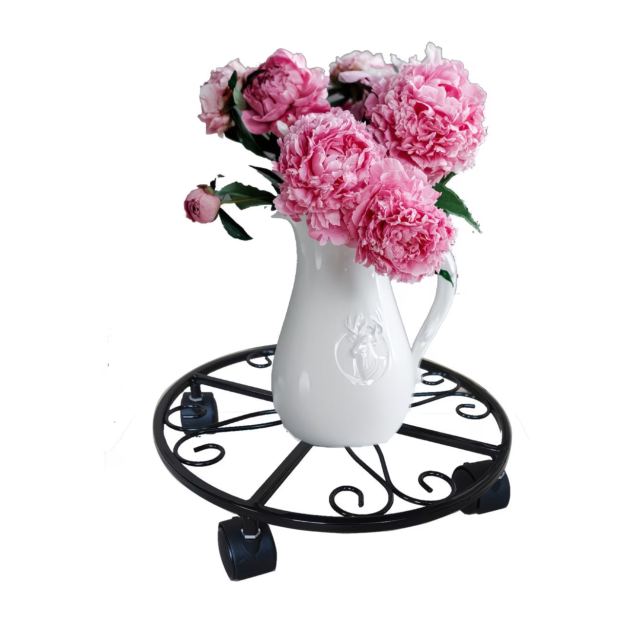 Multifunctional black wrought iron plant stand with wheels