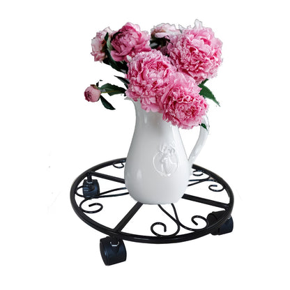 Multifunctional black wrought iron plant stand with wheels