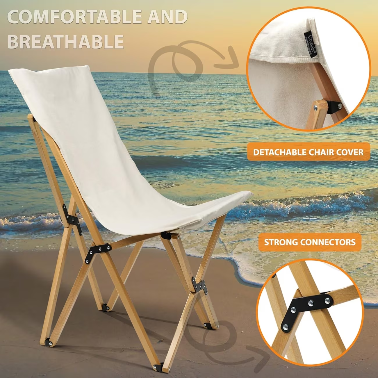 Folding butterfly chair, beige beechwood and canvas, 150 kg weight capacity.