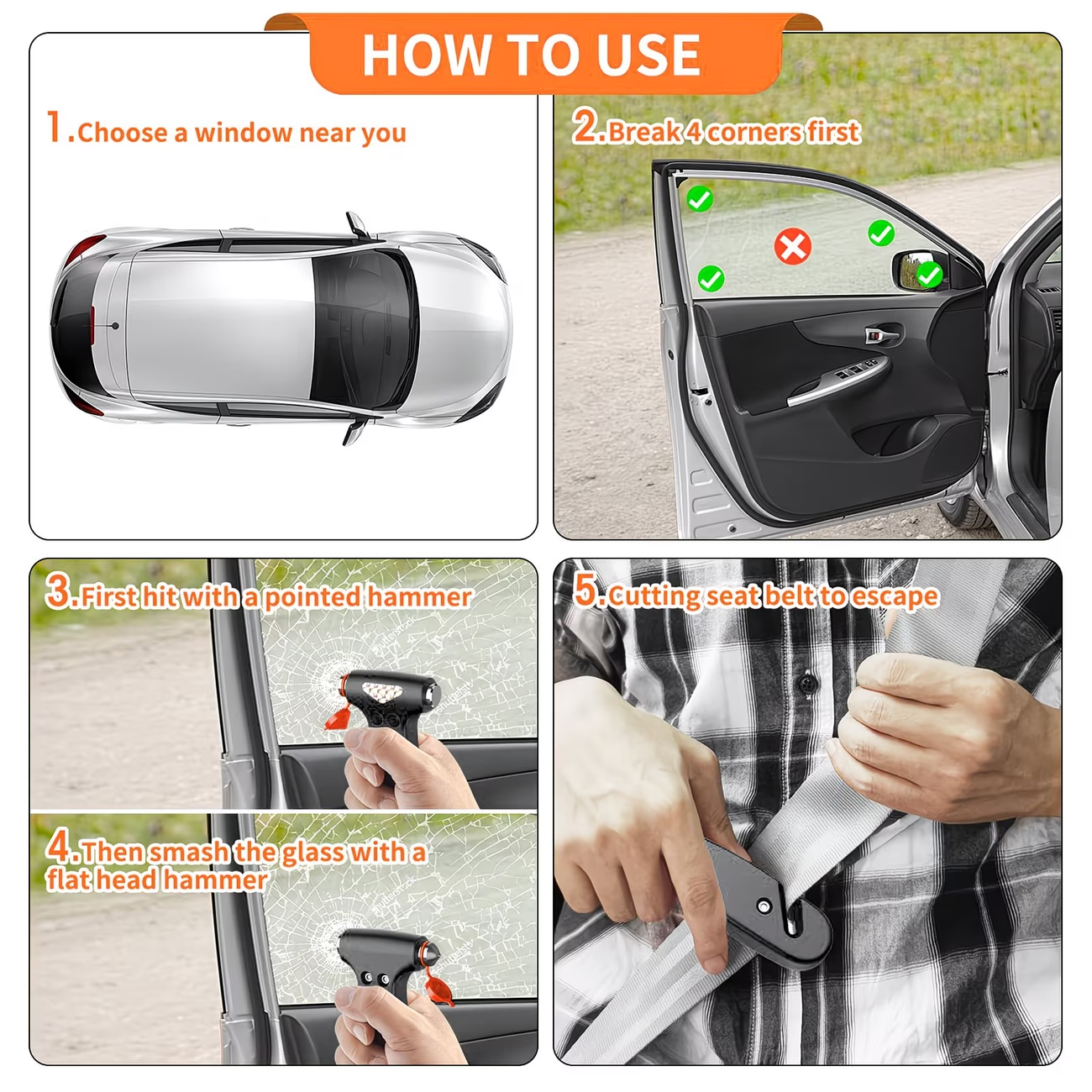 Black car safety hammer and window breaker