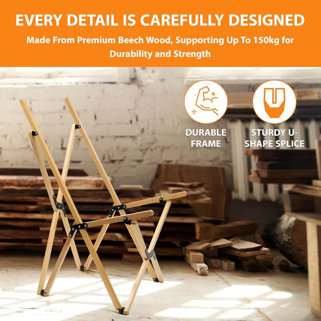 Folding butterfly chair, beige beechwood and canvas, 150 kg weight capacity.