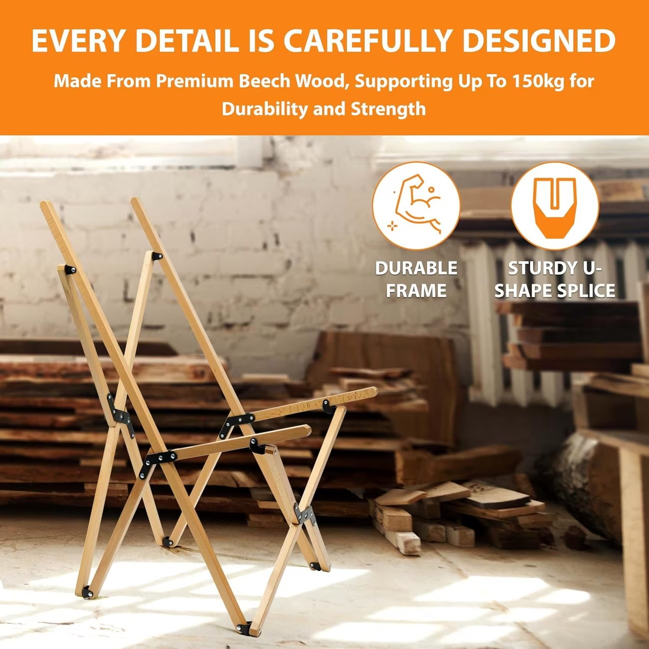 Folding butterfly chair, beige beechwood and canvas, 150 kg weight capacity.