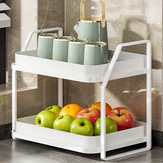 Expandable Double-Layer Kitchen Organizer Rack – Golden Metal Frame with White Plastic Bins, Cup Storage & Drainage, Coffee & Tea Display Shelf, Cutlery Holder for Countertop or Cabinet, Multi-Purpose Design, Cup Display Shelf | Modern Storage Solution |