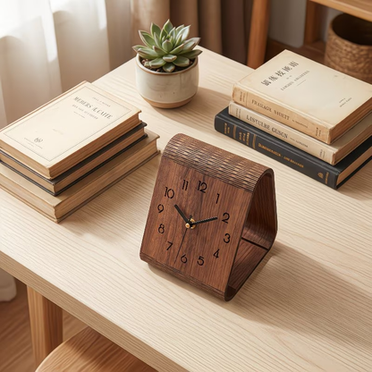 A minimalist wooden desktop clock, silent sweeping second-hand desktop clock, natural wood carving hollow out