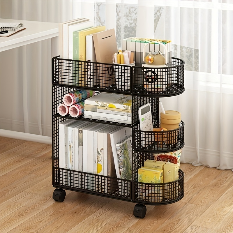 Three-tier metal bookshelf with casters - a space-saving under-desk storage organizer.