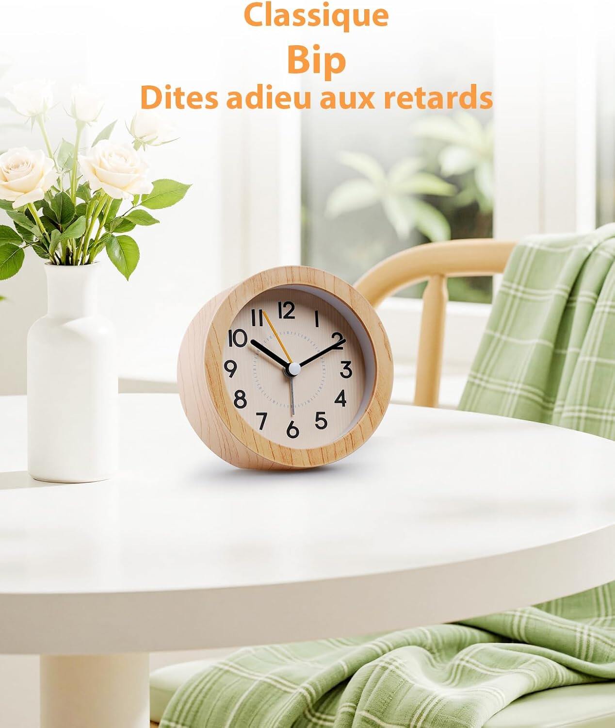 Needle free alarm clock, silent without ticking sound, lightweight and recyclable ABS wood pattern