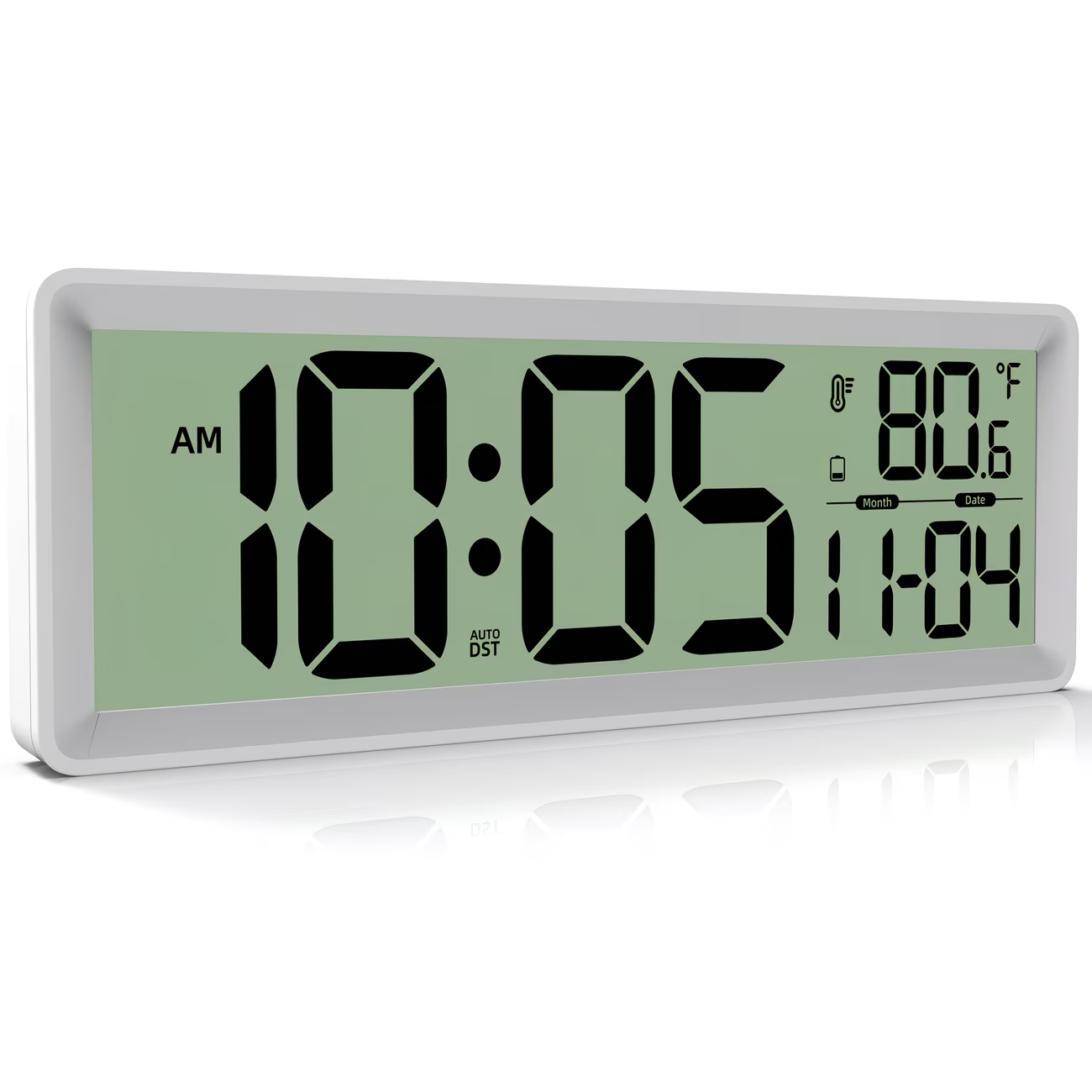 Large digital wall clock with temperature, date, and daylight saving time display