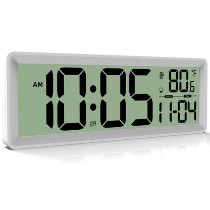 Large digital wall clock with temperature, date, and daylight saving time display