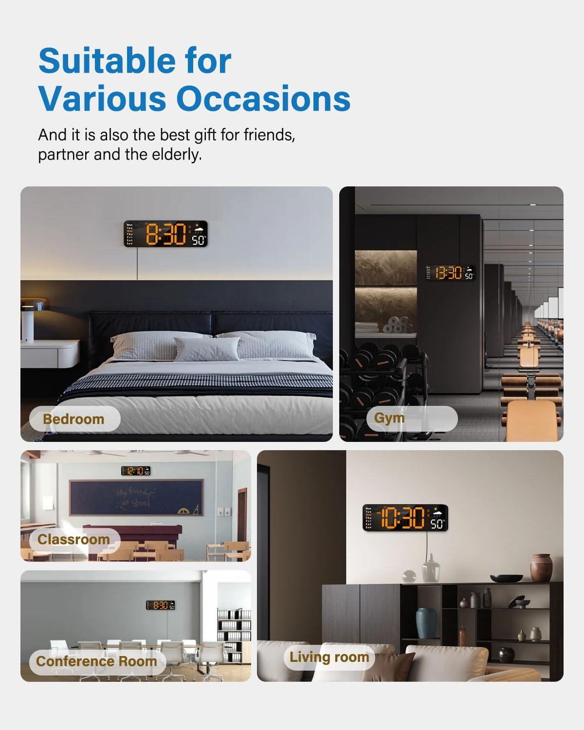 Digital wall clock, digital clock with remote control, large screen with date, week, temperature, humidity, automatic daylight saving time
