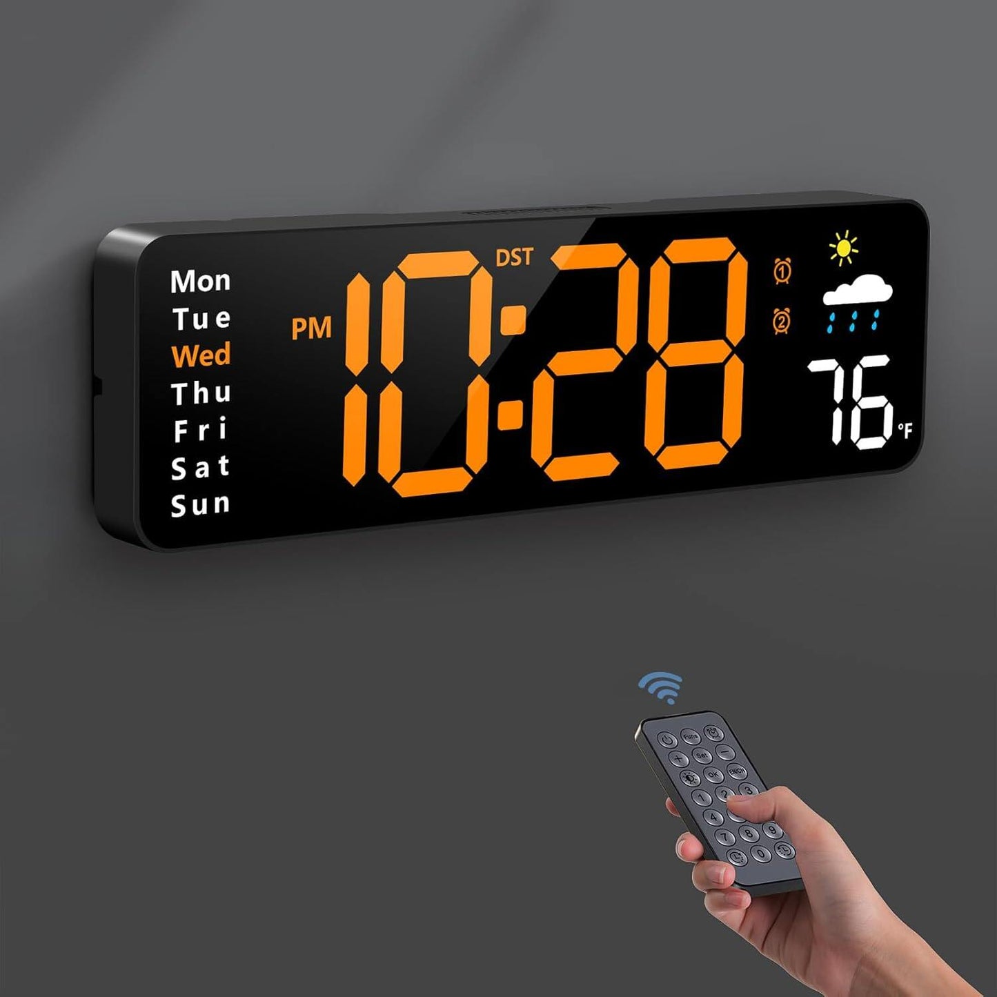 Digital wall clock, digital clock with remote control, large screen with date, week, temperature, humidity, automatic daylight saving time