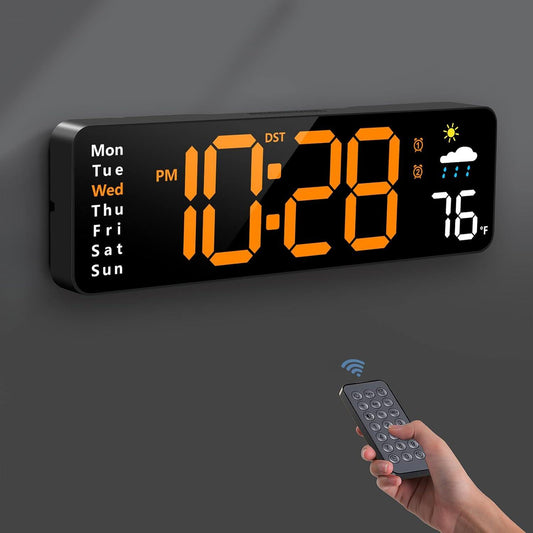 Digital wall clock, digital clock with remote control, large screen with date, week, temperature, humidity, automatic daylight saving time