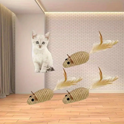 1/2 pack of cat supplies, jute rope, feather, mouse chew toy for cats.