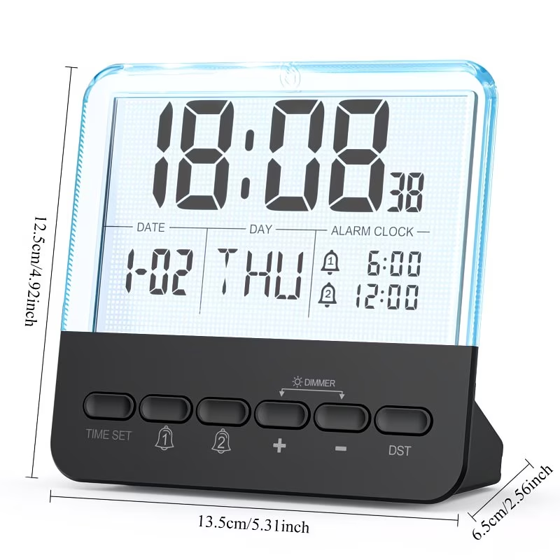 Multi functional digital alarm clock with large backlit display, dual alarm settings, clock, date, day of the week, and daylight saving time adjustment