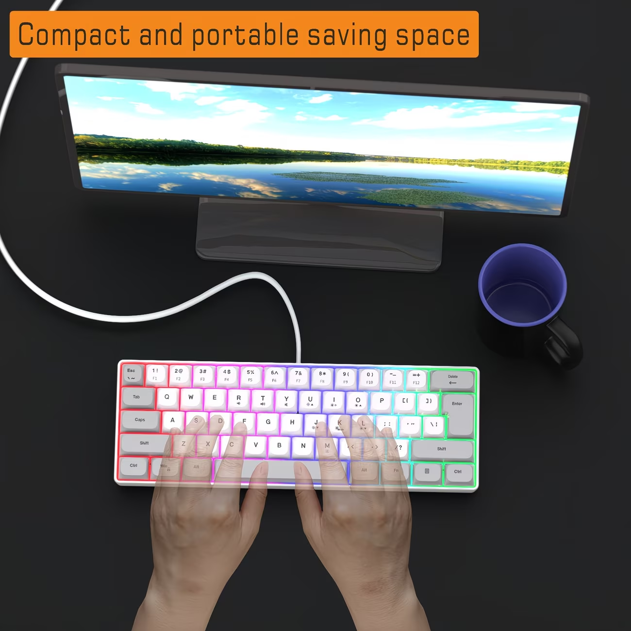 White gaming wired RGB backlit keyboard, gray USB computer PC laptop integrated keyboard