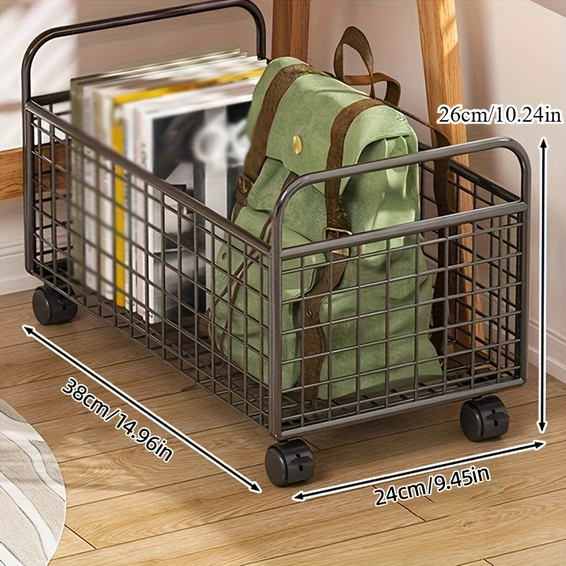 Durable metal bookshelf with mesh magazine basket and wheels; stackable.