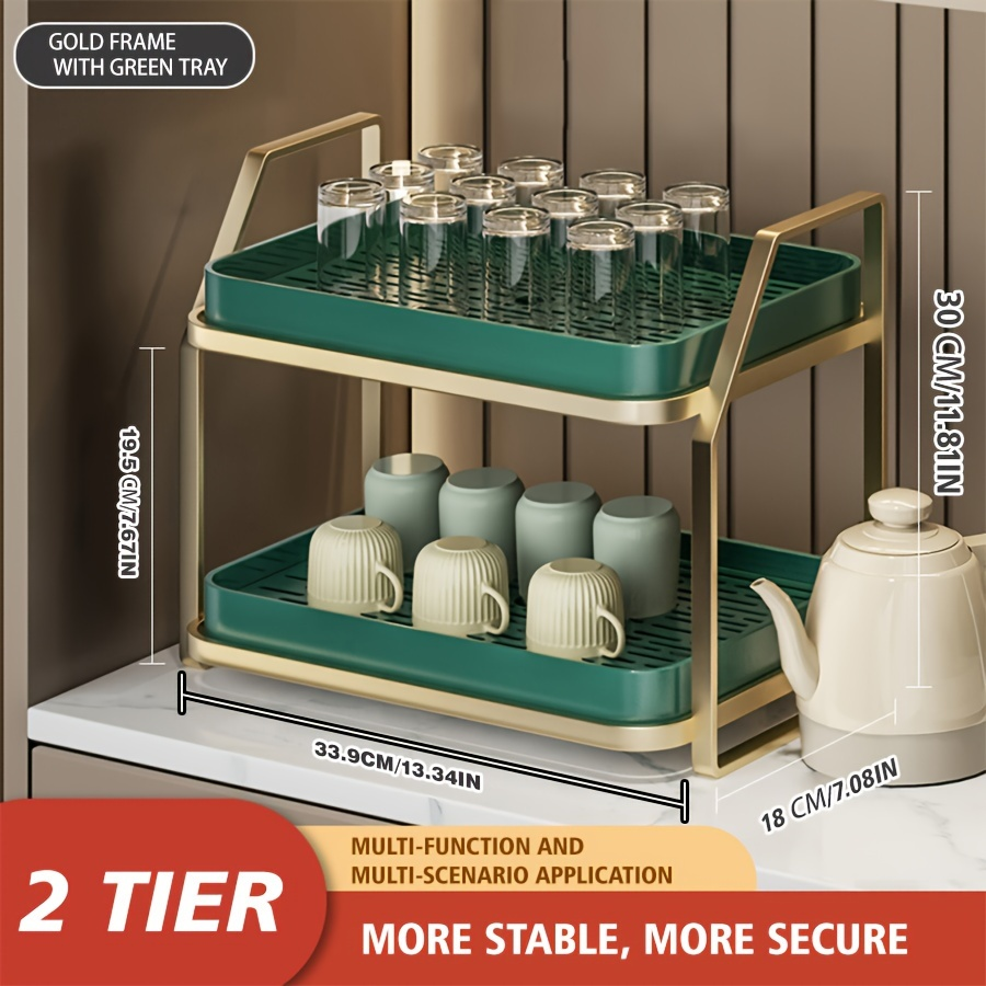 Expandable Double-Layer Kitchen Organizer Rack – Golden Metal Frame with White Plastic Bins, Cup Storage & Drainage, Coffee & Tea Display Shelf, Cutlery Holder for Countertop or Cabinet, Multi-Purpose Design, Cup Display Shelf | Modern Storage Solution |