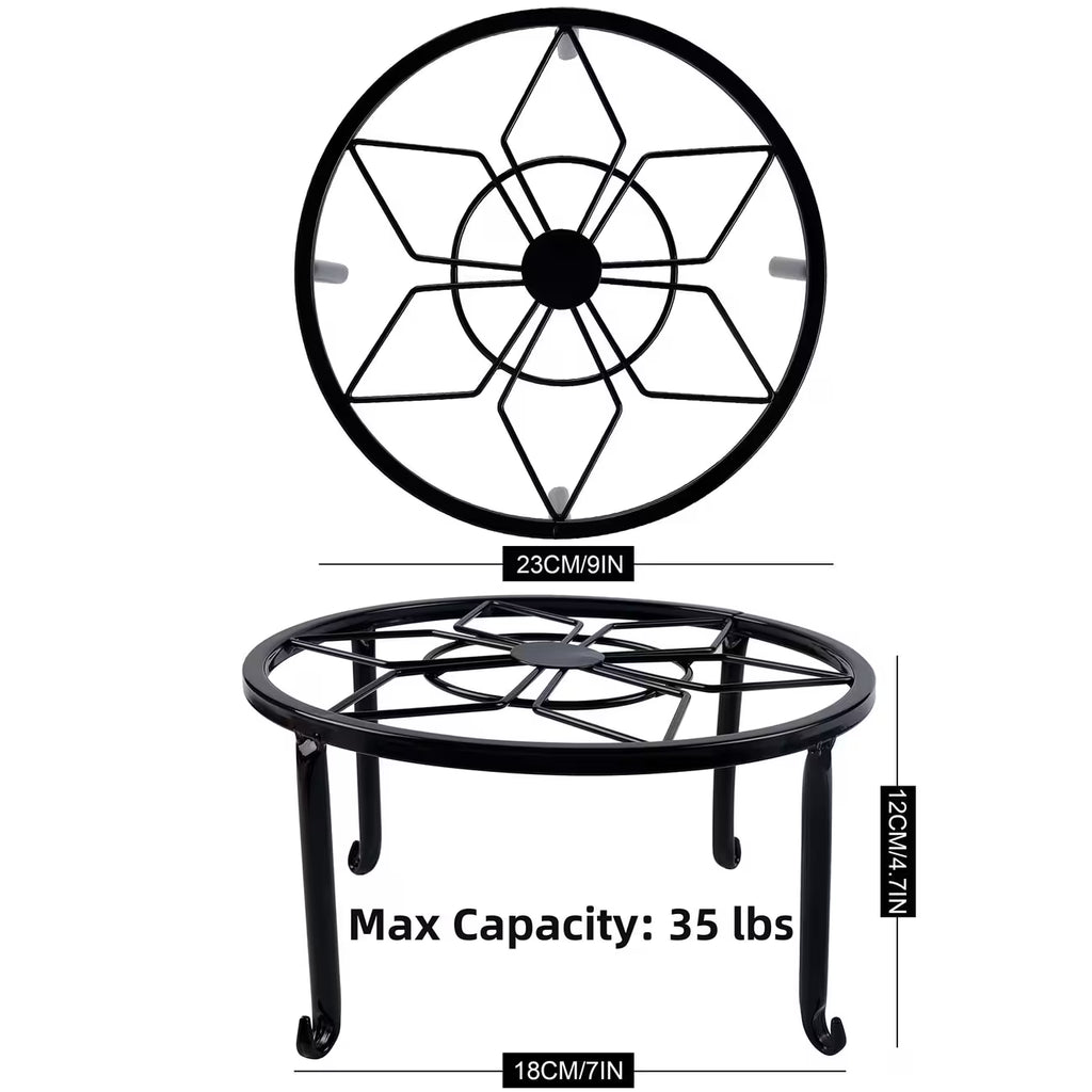 Sturdy black wrought iron stand, suitable for indoor and outdoor use.