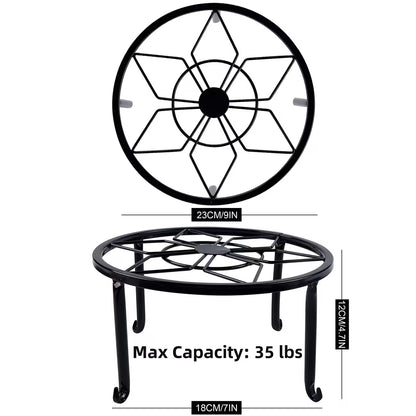 Sturdy black wrought iron stand, suitable for indoor and outdoor use.
