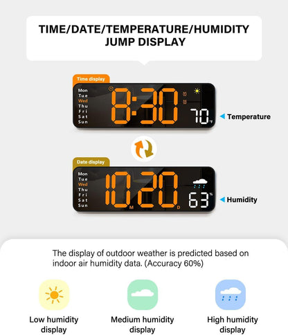 Digital wall clock, digital clock with remote control, large screen with date, week, temperature, humidity, automatic daylight saving time