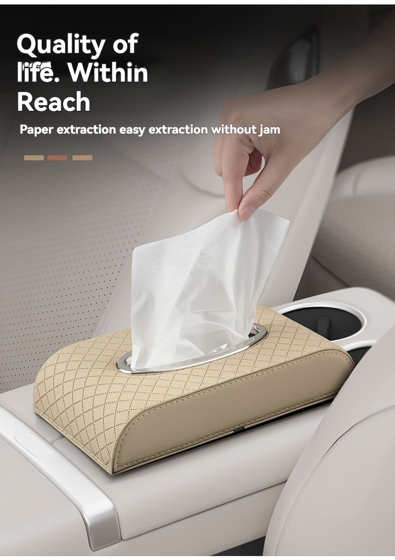 Heavy-duty PU leather car tissue box organizer - Beige/Gold