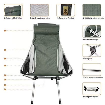 Camping chair, portable and lightweight, suitable for hiking, picnicking, and fishing.