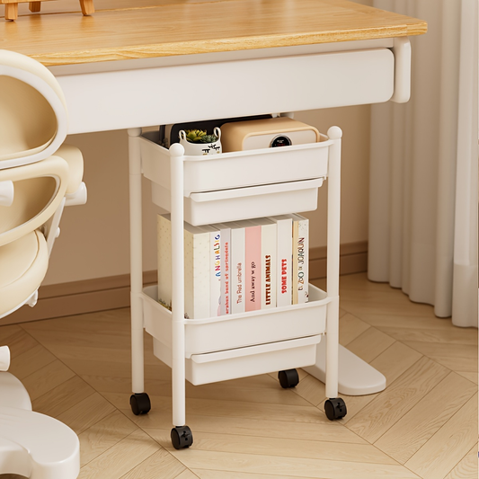 Three-tiered bookshelf with wheels, and includes two pen holders.