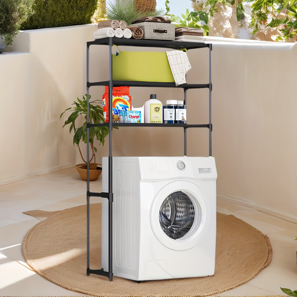 Freestanding double-layer bathroom shelf, no drilling required, saving space.