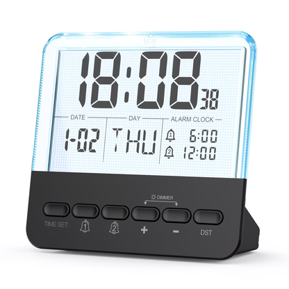 Multi functional digital alarm clock with large backlit display, dual alarm settings, clock, date, day of the week, and daylight saving time adjustment