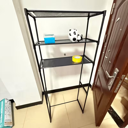 Freestanding double-layer bathroom shelf, no drilling required, saving space.