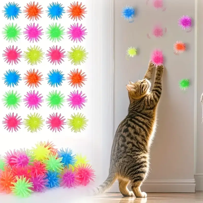 12-pack of interactive cat toy balls with suction cups, wall-climbing, made of rubber.