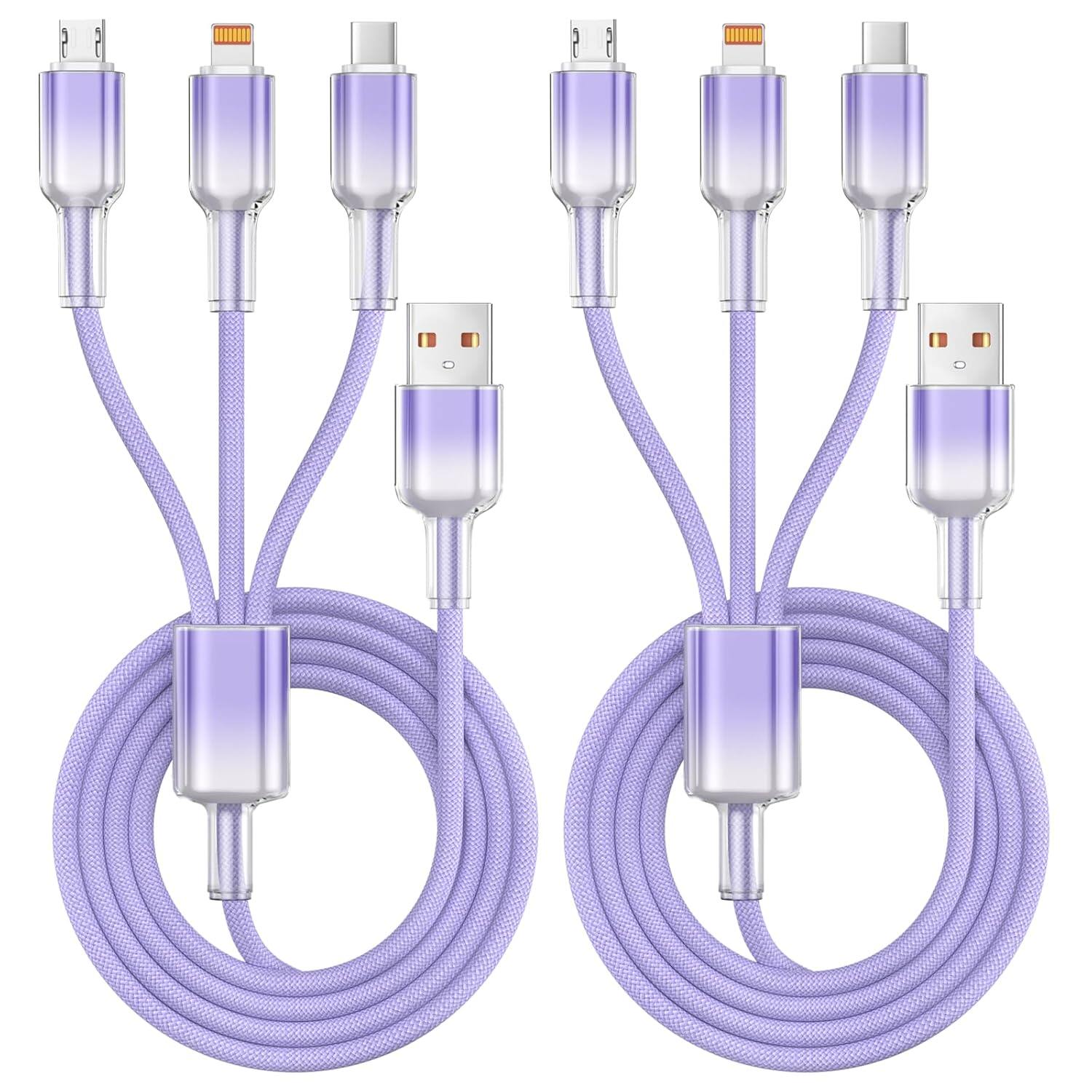 Multi functional charging cable, (2 packs of 4FT) 3-in-1 charging cable, suitable for various devices, nylon braided