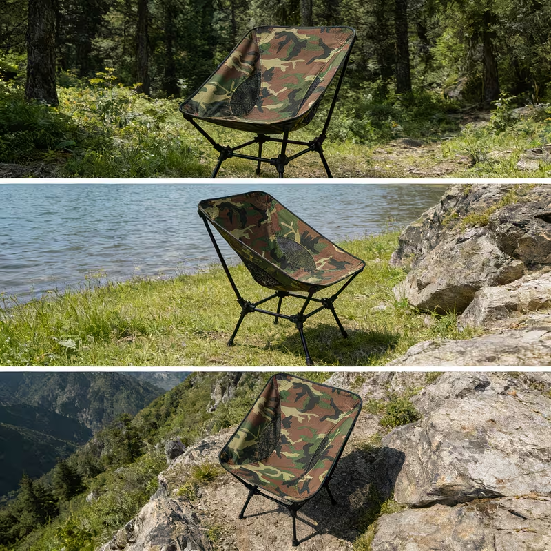 Camouflage folding chair, suitable for camping, made of breathable mesh fabric.