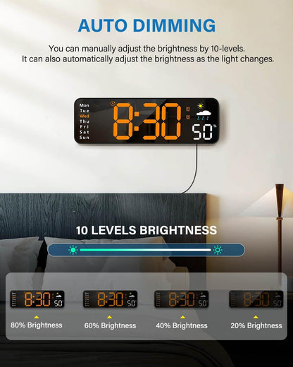 Digital wall clock, digital clock with remote control, large screen with date, week, temperature, humidity, automatic daylight saving time