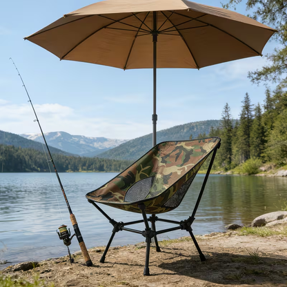 Camouflage folding chair, suitable for camping, made of breathable mesh fabric.