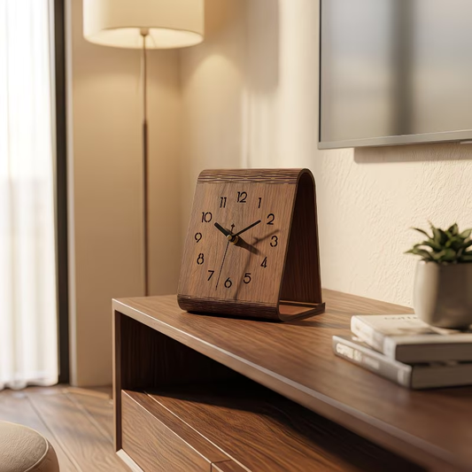 A minimalist wooden desktop clock, silent sweeping second-hand desktop clock, natural wood carving hollow out