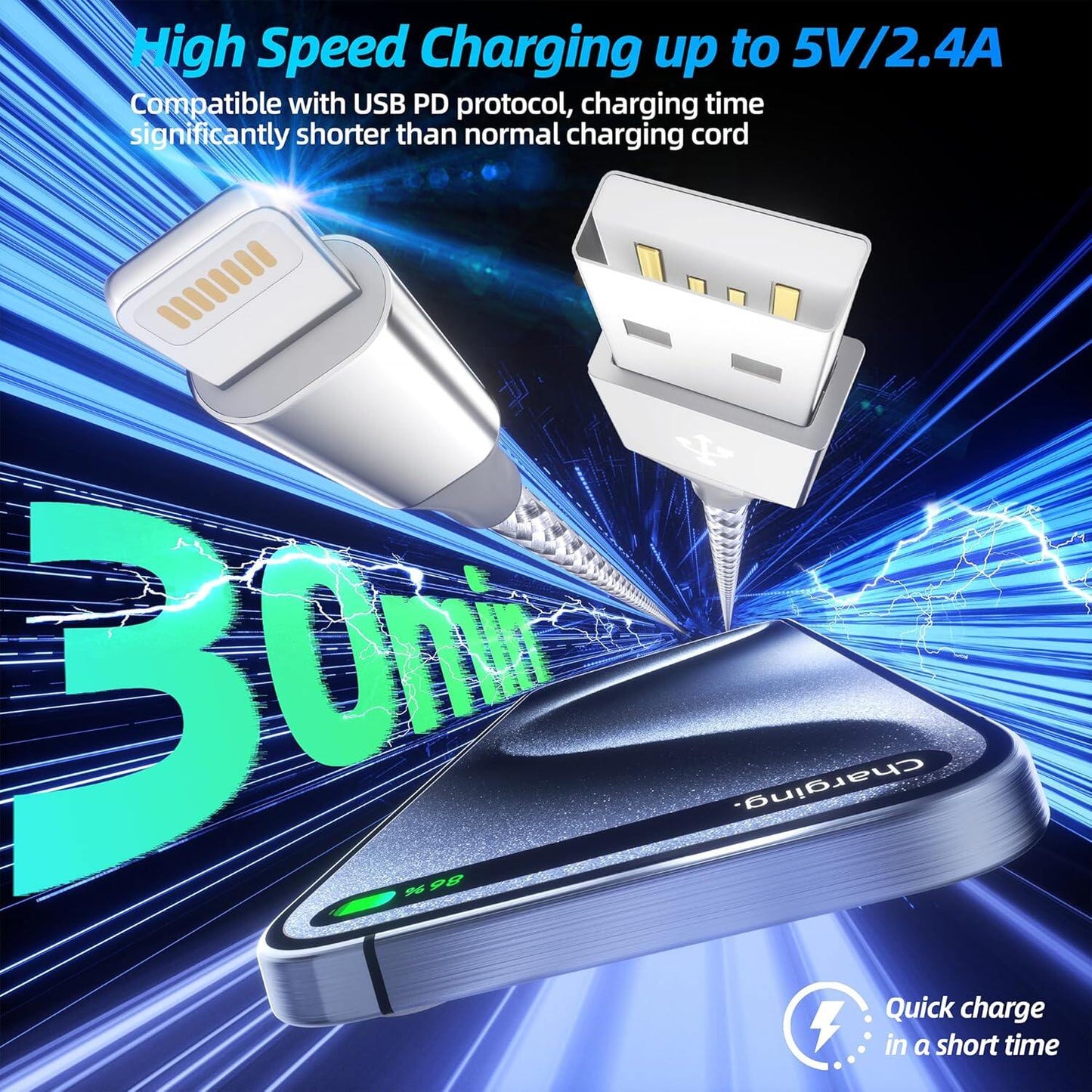 IPhone charger 3 packs 10FT lightning cable for fast charging and high-speed data synchronization