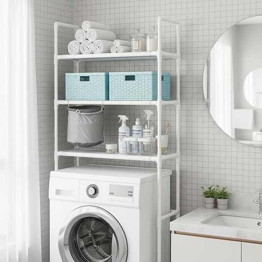 Four-tier bathroom shelf with metal frame and adjustable top shelf.