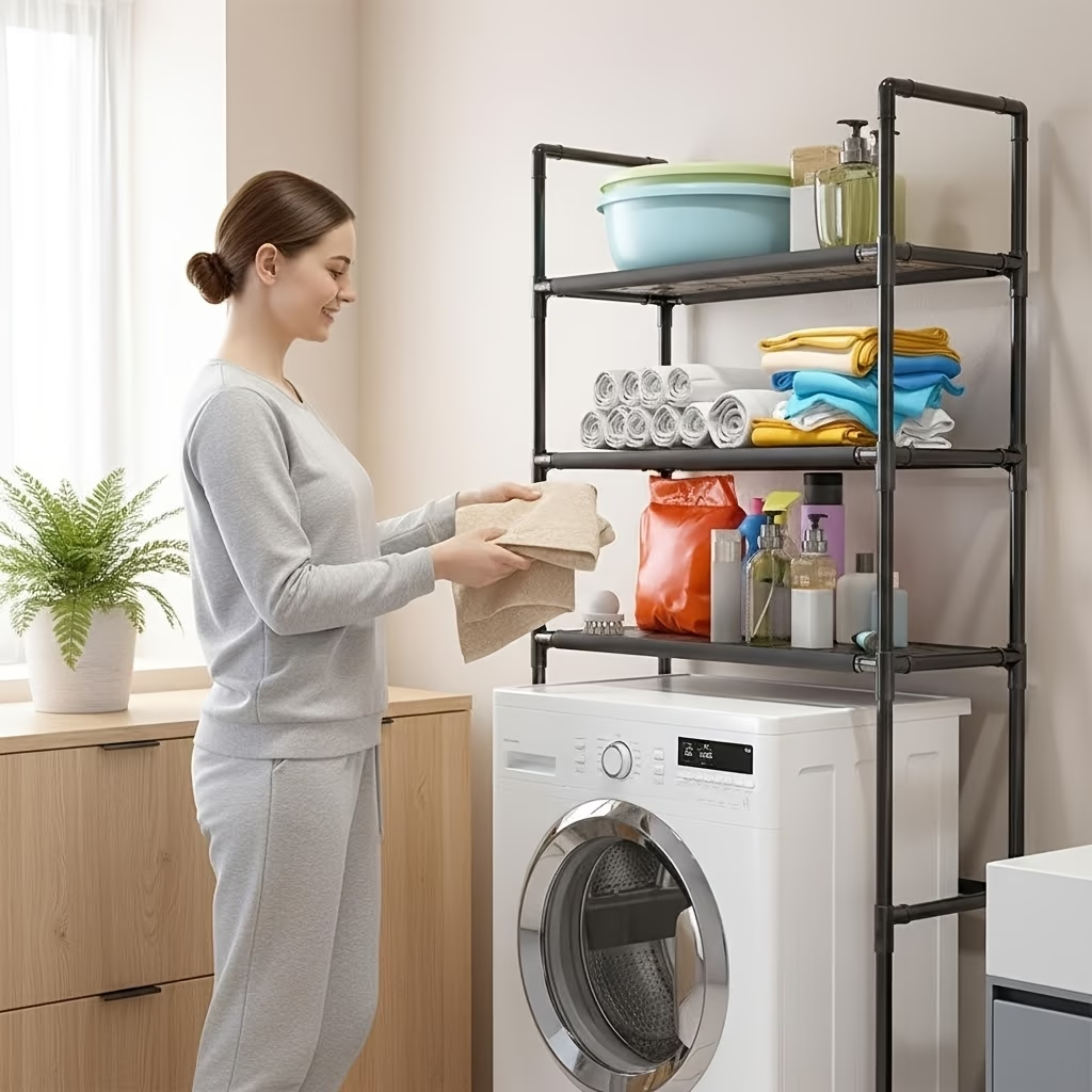 Four-tier bathroom shelf with metal frame and adjustable top shelf.