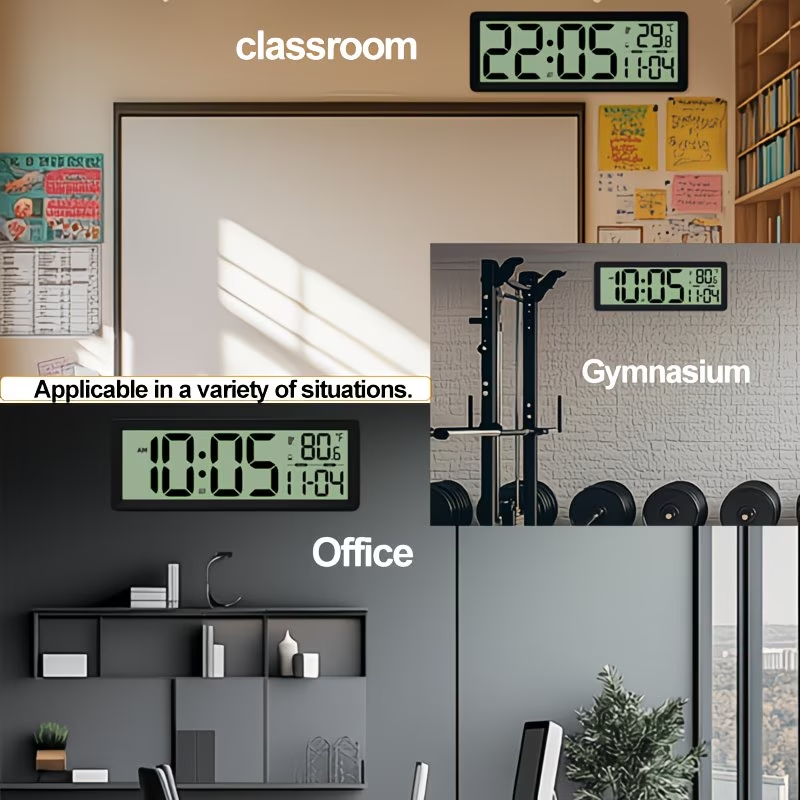 Large digital wall clock with temperature, date, and daylight saving time display