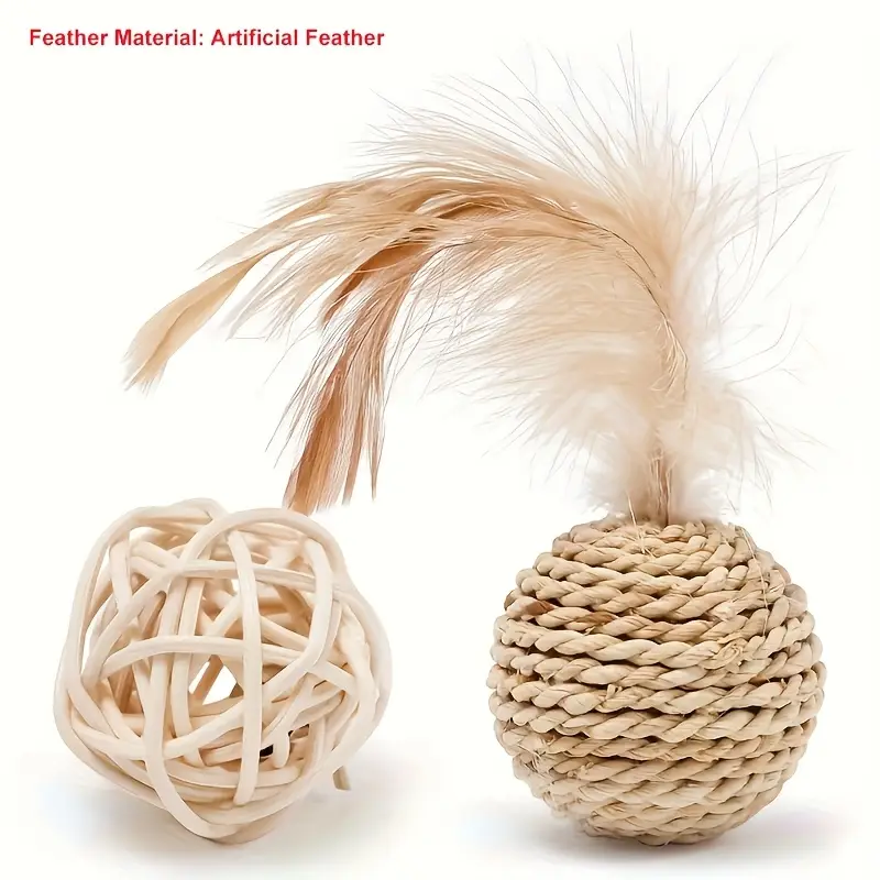 Two cat toy balls made of synthetic feathers, designed for teasing and chewing.