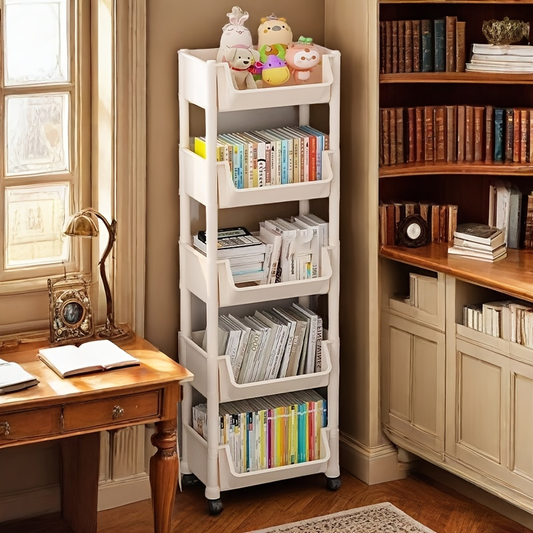 White three-tier bookshelf with wheels - freestanding vertical storage rack