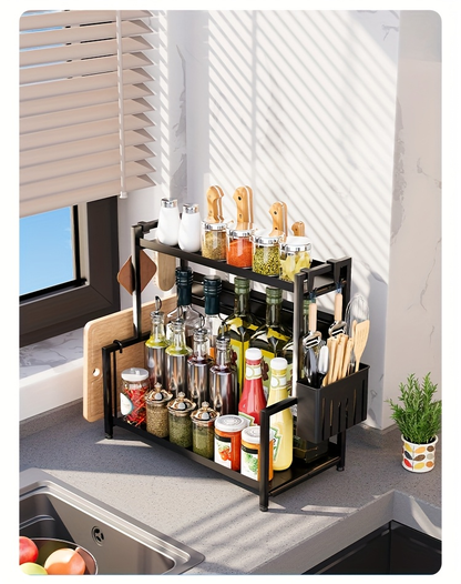 Double-layer carbon steel spice rack and storage rack with cutlery rack