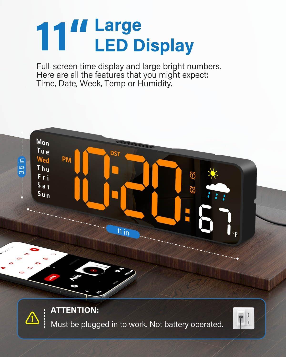 Digital wall clock, digital clock with remote control, large screen with date, week, temperature, humidity, automatic daylight saving time