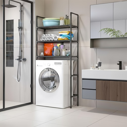 Four-tier bathroom shelf with metal frame and adjustable top shelf.
