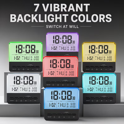 Multi functional digital alarm clock with large backlit display, dual alarm settings, clock, date, day of the week, and daylight saving time adjustment
