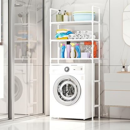 Four-tier bathroom shelf with metal frame and adjustable top shelf.