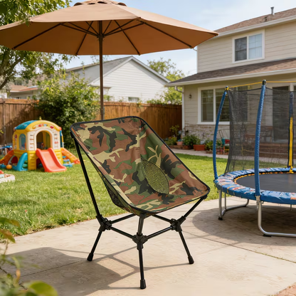 Camouflage folding chair, suitable for camping, made of breathable mesh fabric.